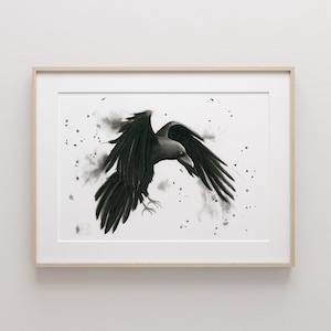 Raaf aquarelprint | Raaf schilderij | Schilderij kraai | Vogelwaterverf | Raafkunst aan de muur | Zwarte raafprint | Dark Academia Aesthetic