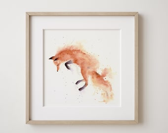 Miniature Fox Print | Loose Watercolour Fox Painting | Wildlife Nursery Wall Art | Irish Wildlife Art | Mini Fox Painting, Jumping Fox Print