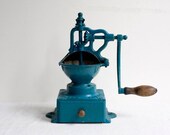 antique Peugeot coffee grinder A0, cast iron coffee mill, vintage French kitchen decor, industrial decor, teal, country provincial rustic