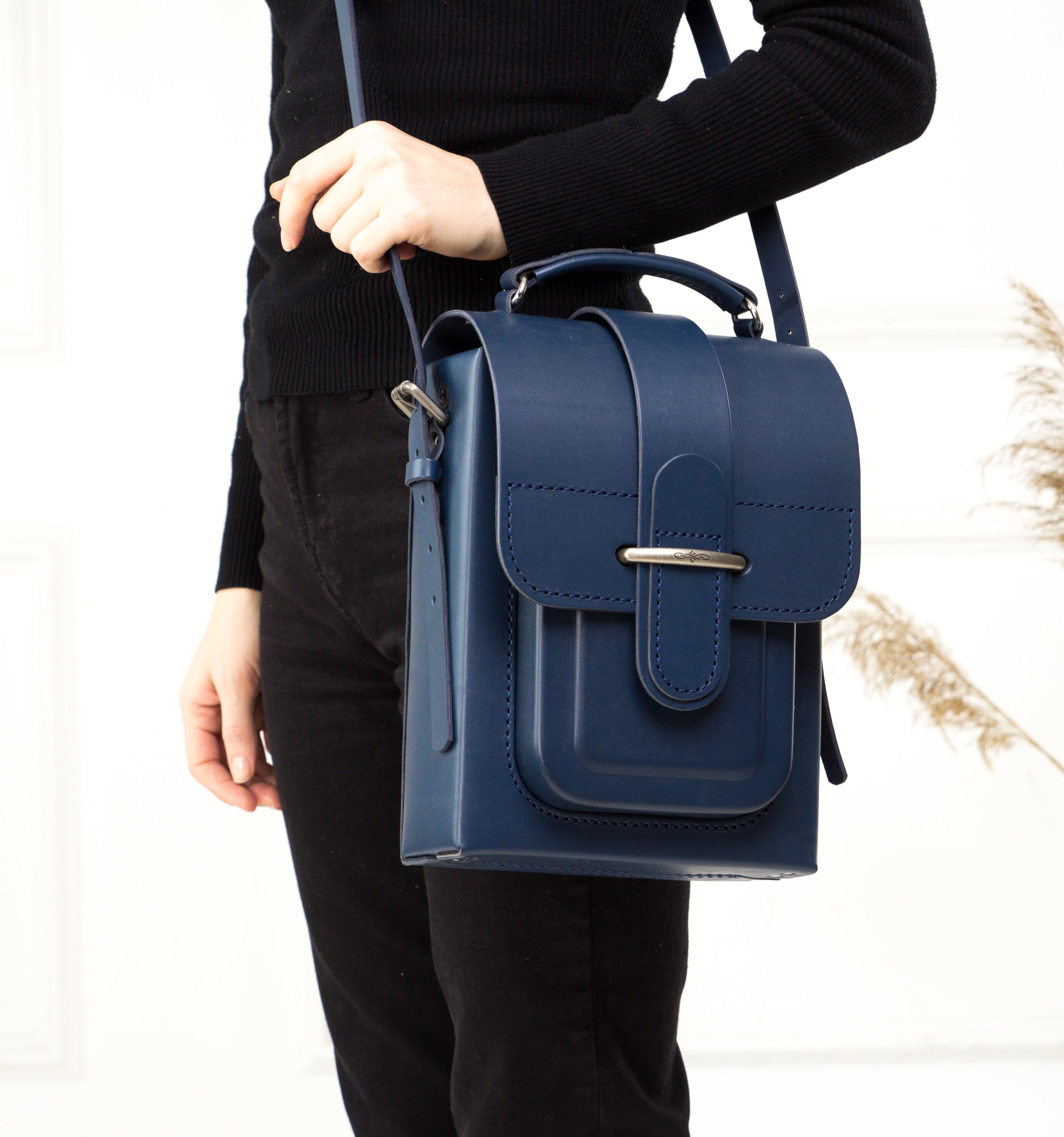 navy leather briefcase