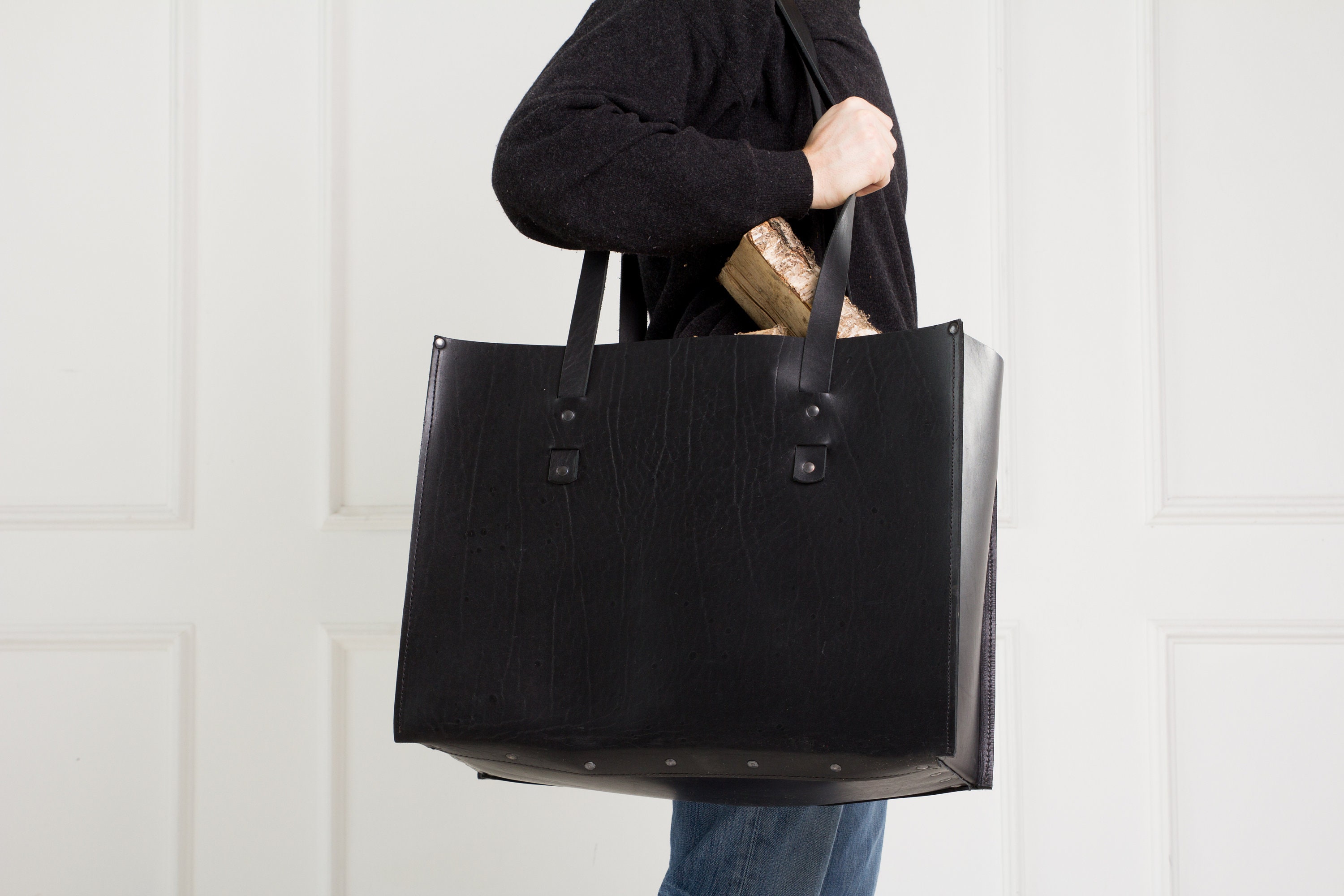 Black Leather Firewood Basket/leather Firewood Carrier/leather Etsy