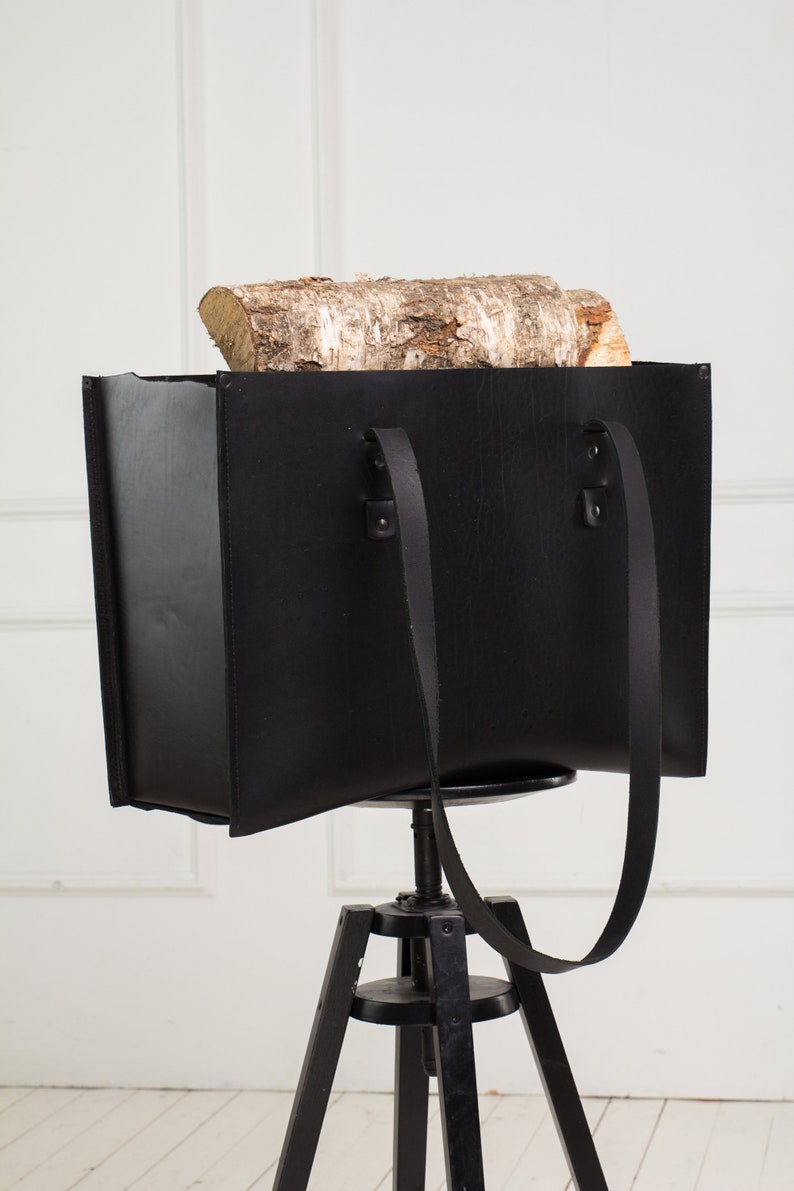 Black Leather Firewood Basket/leather Firewood Carrier/leather Etsy
