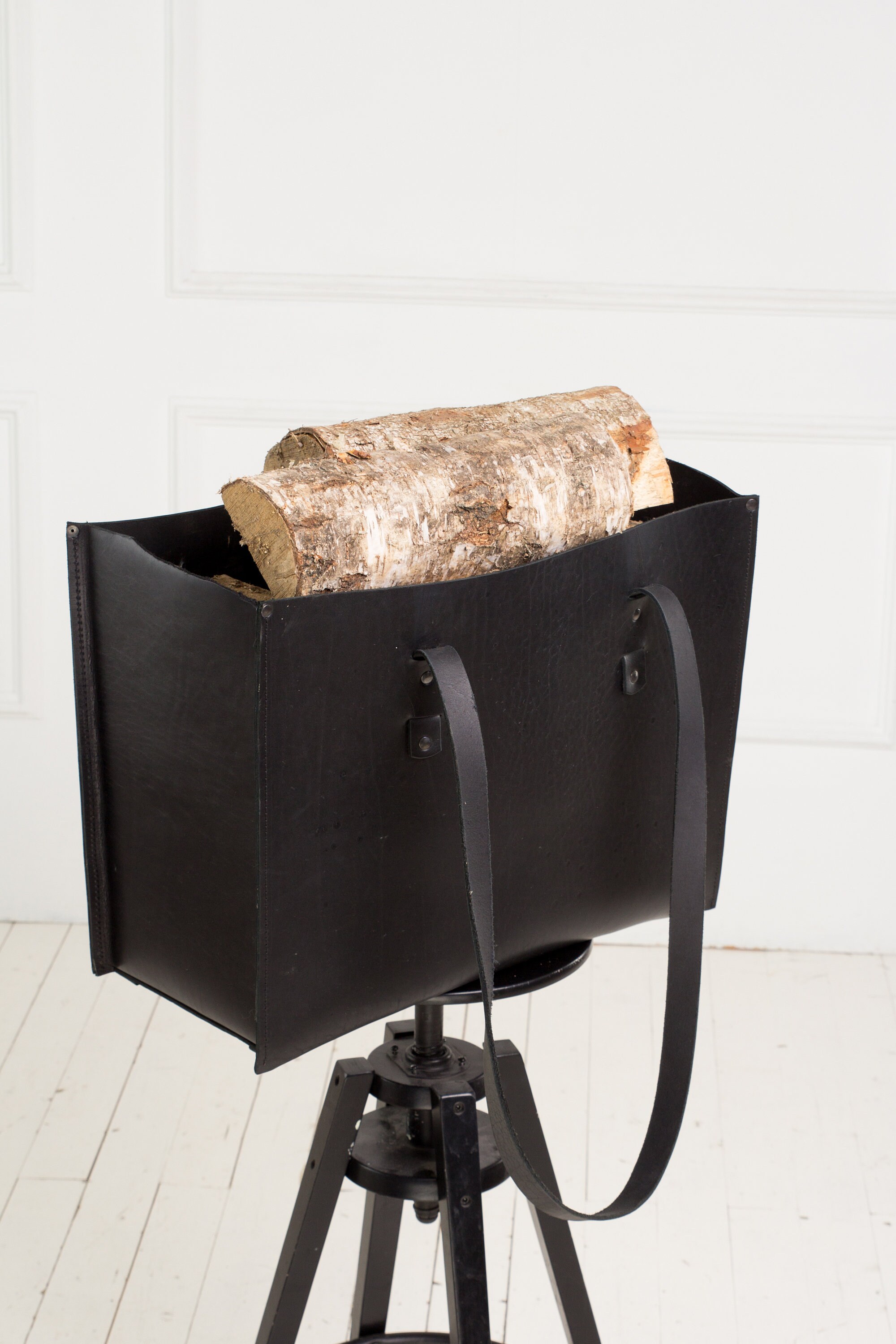 Black Leather Firewood Basket/leather Firewood Carrier/leather Etsy