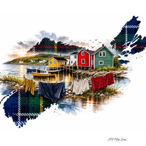 May include: Watercolour painting of a coastal village with brightly coloured houses on stilts. Washing hangs on a clothesline in front of the water. The image is shaped like a map of Nova Scotia, with plaid patterns.