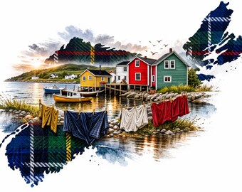 Arte de parede imprimível da costa da Nova Escócia, arte para download do Canadá marítimo, decoração de vila de pescadores da costa leste, mapa da Nova Escócia em tartan.