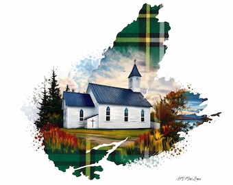 Impressão artística da igreja de Cape Breton, mapa de tartan da Nova Escócia, arte de parede de Washabuck Cape Breton, decoração costeira marítima, presente com temática de herança cultural (download)