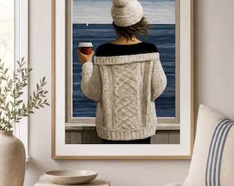 Café da Manhã à Beira-Mar | Arte de Parede Aconchegante com Tema Costeiro | Decoração com Vista para o Oceano | Impressão Hygge para Casa | Download Digital