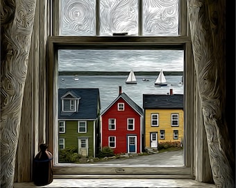 Arte de parede imprimível com vista da janela costeira, cena da Nova Escócia, decoração da costa leste do Canadá, download náutico, impressão para casa com temática marítima
