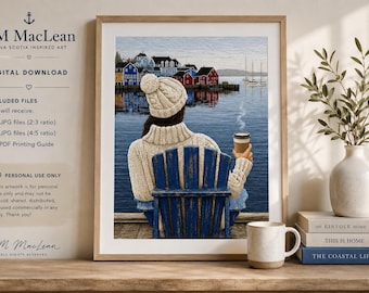 Café da Manhã em Lunenburg | Arte de Parede Costeira da Nova Escócia | Decoração Marítima Aconchegante | Impressão do Porto de Lunenburg | Download da Costa Leste do Canadá