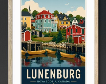 Pôster de Lunenburg, Nova Escócia / Arte de parede da costa canadense / Impressão de viagem / Costa Leste