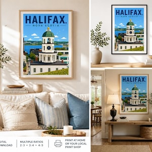 Puede incluir: Una impresión artística enmarcada que presenta una colorida ilustración de Halifax, Nueva Escocia. La obra de arte muestra un edificio blanco y verde con una torre del reloj, sobre un cielo azul y agua. El texto "HALIFAX, NOVA SCOTIA" se muestra en la parte superior.