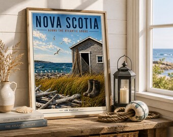 Pôster da Costa da Nova Escócia | Impressão de um barracão de pesca na costa atlântica | Arte de parede marítima | Decoração da Costa Leste do Canadá | Download digital