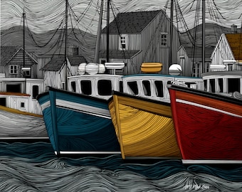Ilustração de barcos de pesca da Nova Escócia, arte náutica costeira para parede, ilustração de porto marítimo, decoração da costa leste do Canadá.