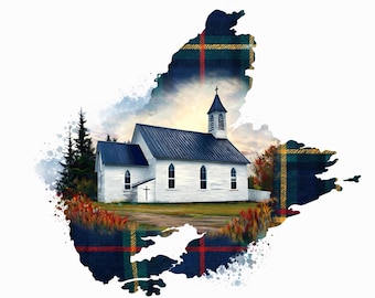 Impressão artística da Igreja de Washabuck, mapa de Cape Breton, obra de arte do patrimônio tartan (download digital)