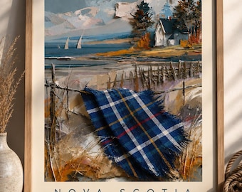 Pintura abstrata da costa da Nova Escócia | Arte paisagística em tartan marítimo | Decoração de parede moderna da costa leste para imprimir