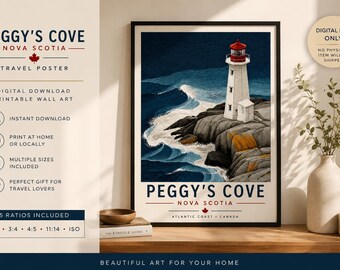 Impressão do Farol de Peggy's Cove, Nova Escócia | Pôster de Viagem Costeira Vintage (Download Digital)