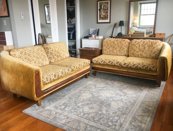 Mid Century Two Piece Sectional Floral Yellow Chartreuse Etsy