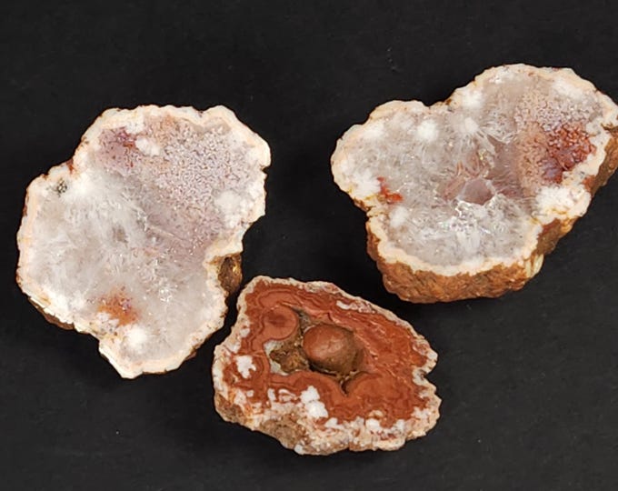 Lot of 3x Cut + Polished Small Red and White Zirandaro Agate Quartz & Jasper Half Geodes / Nodules - from Guerrero, Mexico