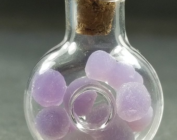 Tiny Glass Bottle w/ A+++ Sparkling GRAPE AMETHYST Chalcedony Crystals Indonesia Purple Agate Quartz Gem Mineral Rock Pendant Jewelry