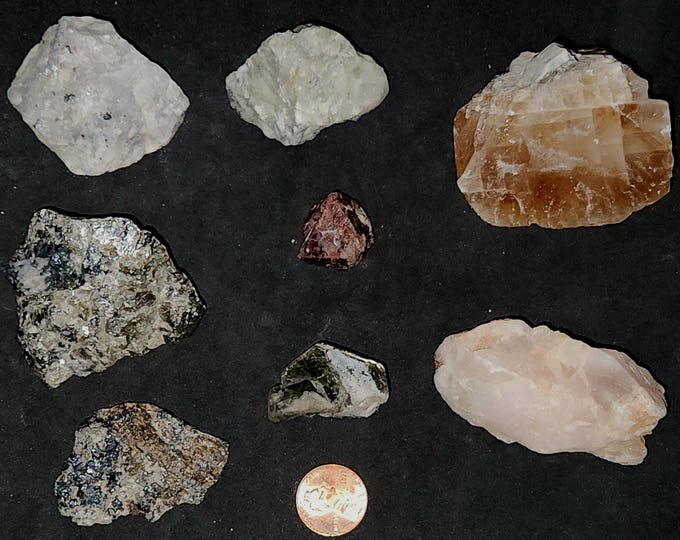 8x Mixed SW + LW UV Fluorescent Mineral Specimen Lot - Wernerite, Terlingua Calcite, Hardystonite & Willemite, Spinel, Apatite, Barite