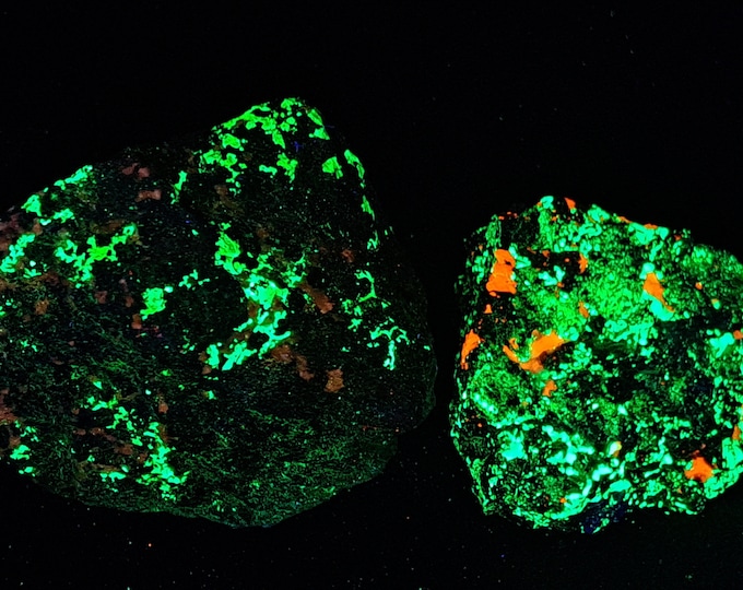 Lot of 2x Shortwave SW Ultraviolet Fluorescent Mineral Specimens Willemite Calcite & Fluorapatite + 1 w Caswellite Franklin New Jersey