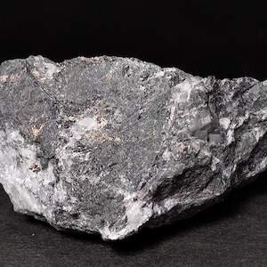 May include: A close-up of a dark gray rock with a white mineral embedded in it. The rock has a rough, textured surface.