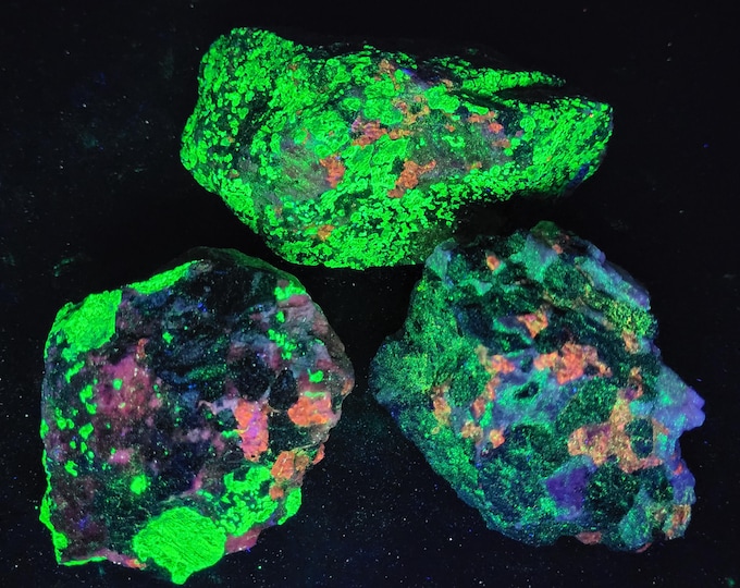 3x Nice SW LW UV Fluorescent + Phosphorescent Willemite & Sphalerite - Sterling Hill Mine by Franklin New Jersey Minerals