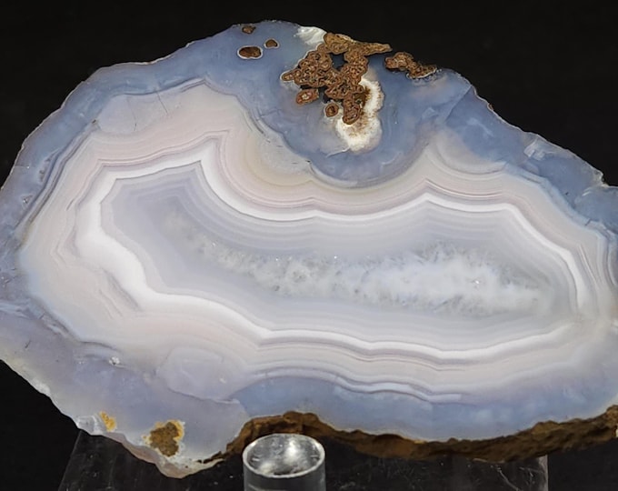 Stunning Polished Picacho Agate Slice with Beautiful Blue & White Parallax Banding + Quartz Crystals from Chihuahua, Mexico