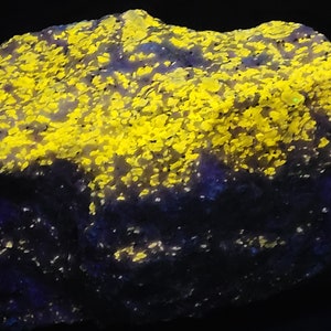Puede incluir: Una roca grande de color azul oscuro con una capa de cristales amarillos brillantes en la parte superior. Los cristales están agrupados y tienen una textura rugosa y desigual.