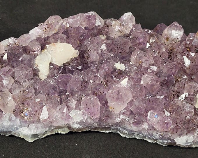 Purple Amethyst Crystals Plate with Shortwave UV Fluorescent Calcite from Brazil