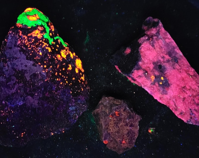 Lot of 3x Shortwave SW UV Fluorescent Mineral Specimens - Fluorapatite Willemite Calcite Meionite Sterling Hill Mine by Franklin NJ