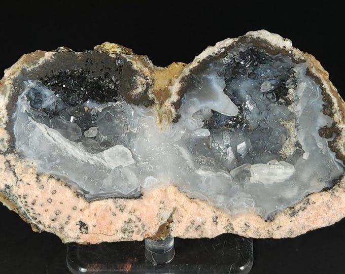SW + LW UV Fluorescent Trancas Double Geode Half - Agate, Quartz & Calcite Crystals from Chihuahua, Mexico