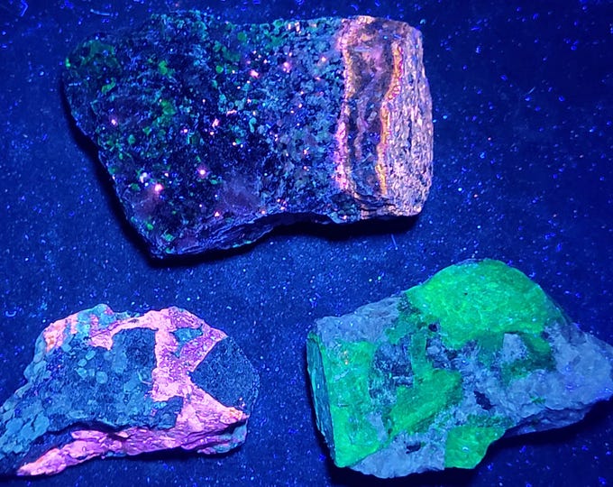 Lot of 3x SW + LW UV Fluorescent Sphalerite & Willemite Calcite Sterling Hill by Franklin New Jersey Ultraviolet Minerals