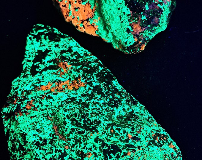 Lot of 2x SW + LW UV Fluorescent Willemite & Calcite w/ Andradite + Franklinite Historic Franklin Mine New Jersey Ultraviolet Rocks Minerals