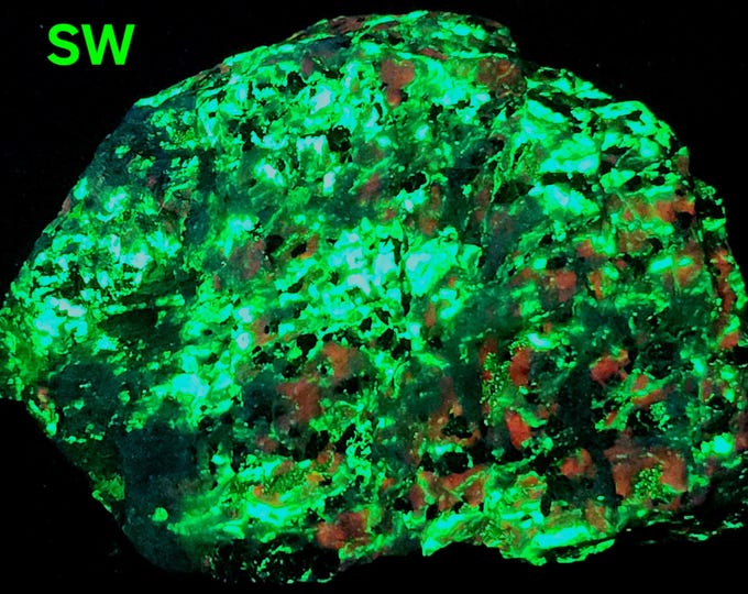 SW + LW Ultraviolet Fluorescent + SW Phosphorescent Willemite Veins in 2-Tone Calcite Sterling Hill by Franklin New Jersey Uv Mineral