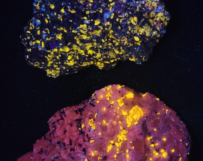 Lot of 2x Shortwave SW UV Fluorescent Wollastonite, Fluorite & Calcite Sterling Hill by Franklin New Jersey Ultraviolet Minerals