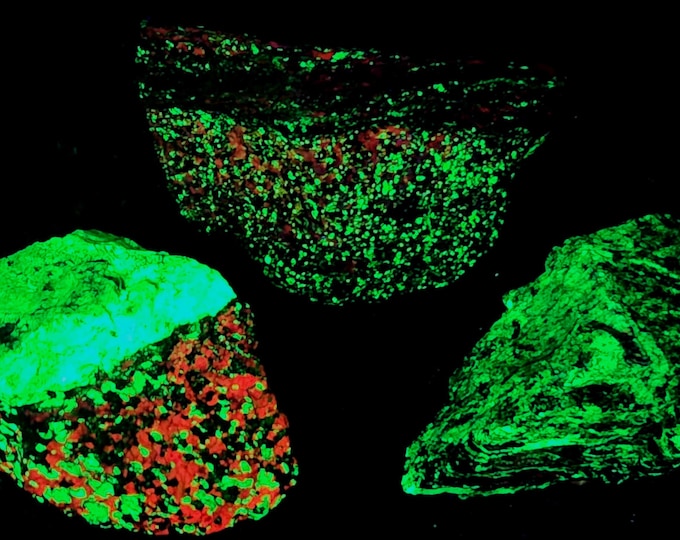 Lot of 3x Nice SW LW UV Fluorescent Willemite Veins & Calcite - Sterling Hill Mine by Franklin New Jersey Minerals