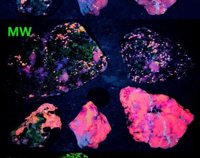 5x UV Fluorescent + Phosphorescent Sphalerite w Willemite & Calcite Sterling Hill Mine by Franklin New Jersey Ultraviolet Minerals