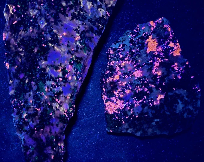 2x Very Nice SW + LW Uv Fluorescent + Phosphorescent Sphalerite Willemite Calcite Sterling Hill by Franklin NJ Ultraviolet Minerals