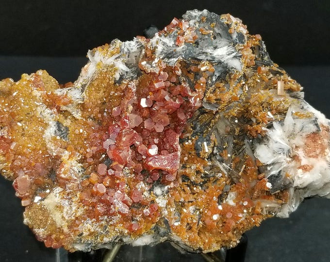 Gemmy Red and Orange Vanadinite Crystals on Barite Blades From Mibladen Morocco Mineral Specimen Gems