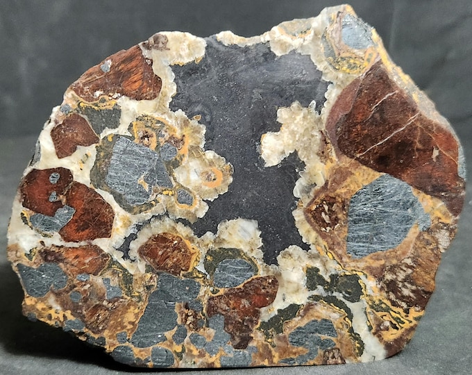 Polished End Cut Slab SW UV Fluorescent Willemite var Troostite Calcite Zincite Pyrochroite Franklinite Sterling Hill NJ Minerals