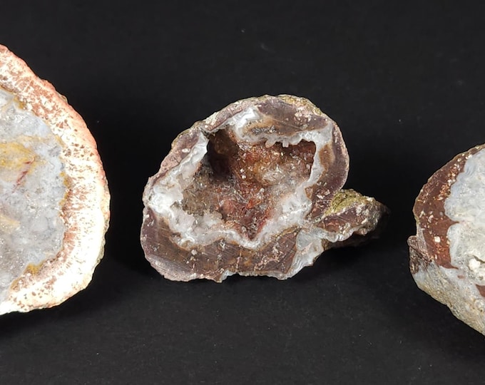 Lot of 3x "Candy Apple" Agate Cut & Polished Geode / Nodule Halves - Agate + Quartz Crystals - Chihuahua, Mexico