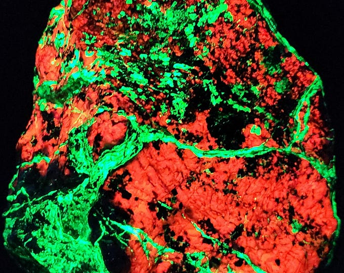 Big SW + LW UV Fluorescent + Sw Phosphorescent Willemite Veins in Calcite w Serpentine & Franklinite - Sterling Hill by Franklin Nj