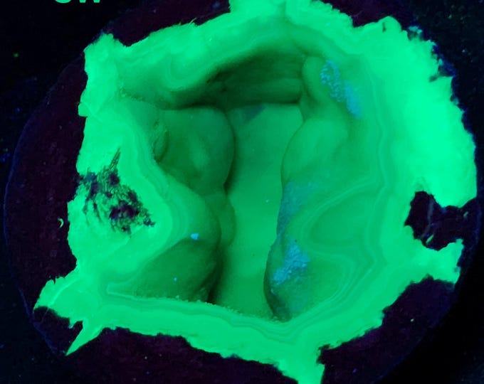 A Grade Multiwave UV Fluorescent Dugway Geode with Sparkling Chalcedony & Quartz Ultraviolet Mineral Specimen Display
