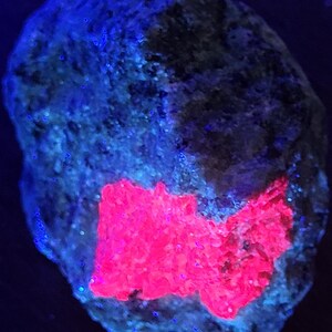 Könnte beinhalten: Nahaufnahme eines Steins mit einer großen, leuchtend pinkfarbenen Kristallformation im Inneren. Der Stein ist unter UV-Licht dunkelblau.