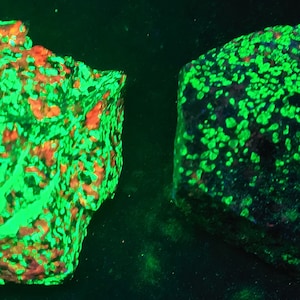 Lot of 2x SW + LW UV Fluorescent Willemite w Calcite Franklinite Sterling Hill Mine by Franklin New Jersey Ultraviolet Rocks Minerals