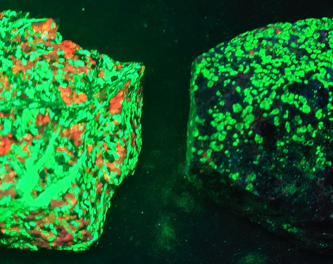Lot of 2x SW + LW UV Fluorescent Willemite w Calcite Franklinite Sterling Hill Mine by Franklin New Jersey Ultraviolet Rocks Minerals