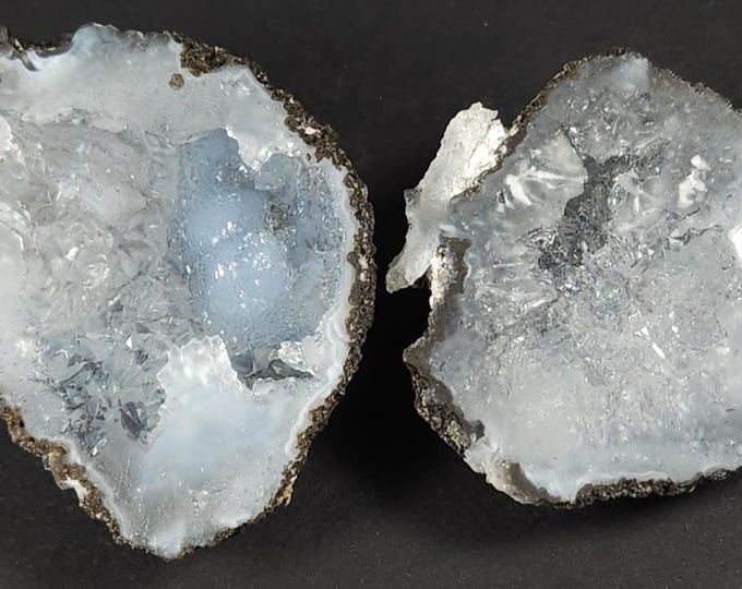 Lot of 2 Small SW + LW UV Fluorescent Trancas Geode Halves - Agate, Quartz & Calcite Crystals from Chihuahua, Mexico