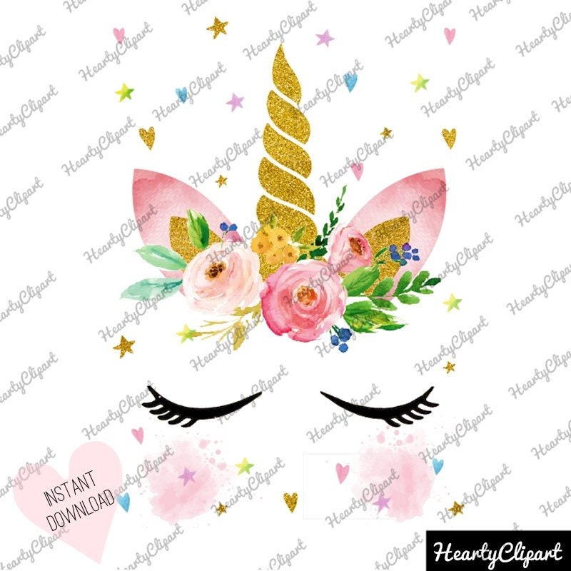 Download unicorn face clipart svg watercolor pink and gold floral | Etsy
