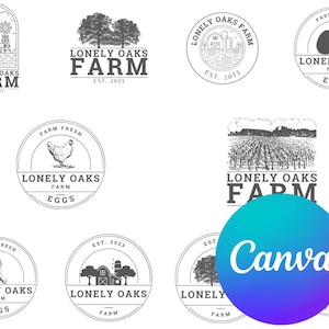 May include: A collection of black and white farm-themed logos. Designs include illustrations of a farmhouse, trees, a chicken, and a field. The text "Lonely Oaks Farm" and "Farm Fresh Eggs" are featured.